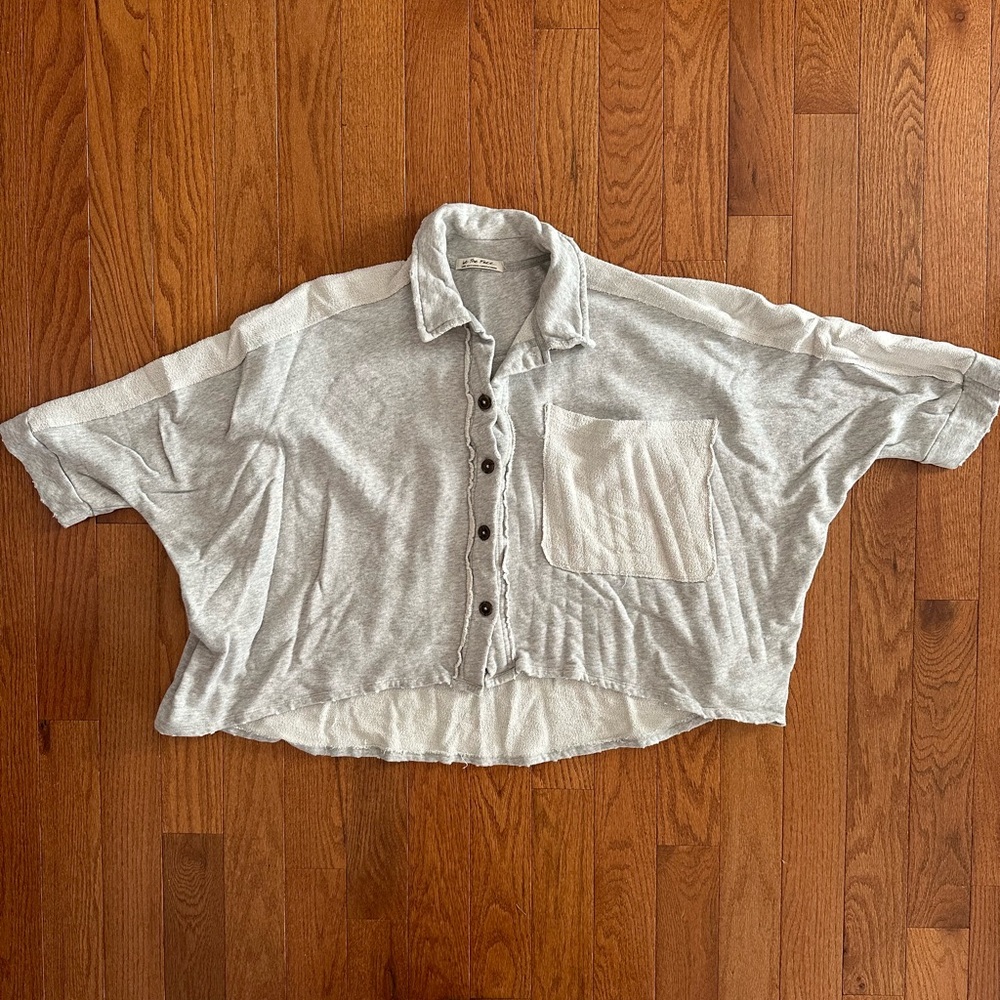 We the Free Cotton Boxy Cardigan Sweatshirt 3/4 Sleeves L Gray Button Up